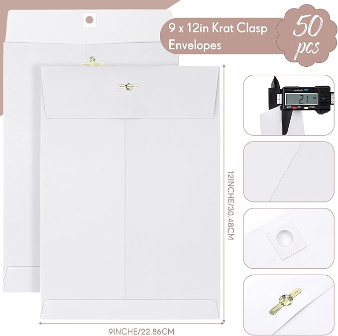 Teling 50 Pcs Manilla Envelopes Clasp Kraft Catalog with Closure for Storing Mailing 28 lb Kraft Envelope Paper for Office Document School Business Home(White,9 * 12)-DeskLoop Office
