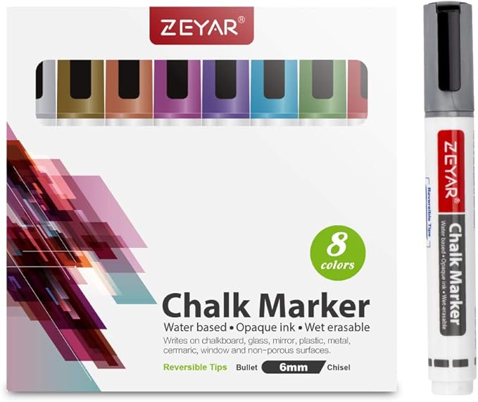 ZEYAR Liquid Chalk Marker-Wet Erase Marker, 6mm Reversible Tip-Bullet or Chisel, 8 Colors, Writes on Chalkboards, Bistro Boards, Windows and Plastic (8 Metallic Colors)-DeskLoop Office