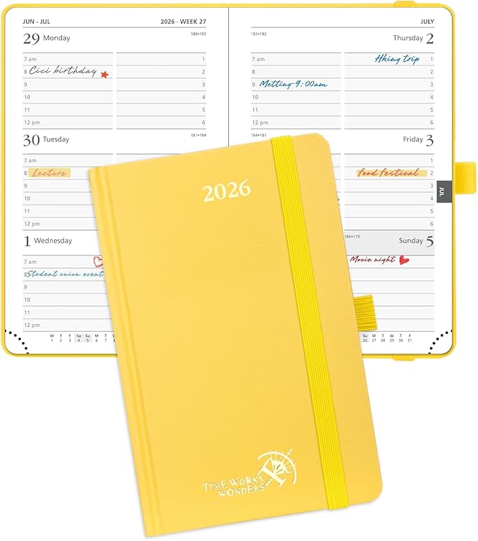 POPRUN 2026 Planner (Pocket Size 4''x 6.25'' Hardcover) - Small Calendar for Purse with Hourly Schedule & Vertical Weekly Layout, Monthly Calendars, 100 GSM - Light Yellow-DeskLoop Office