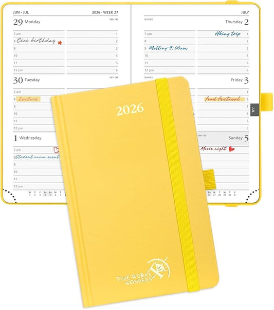 POPRUN 2026 Planner (Pocket Size 4''x 6.25'' Hardcover) - Small Calendar for Purse with Hourly Schedule & Vertical Weekly Layout, Monthly Calendars, 100 GSM - Light Yellow-DeskLoop Office