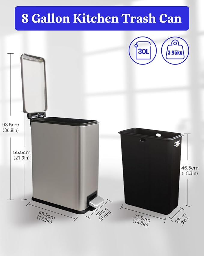 8 Gallon Slim Trash Can with Soft Close Lid, Stainless Steel Trash Can with Removal Inner Bucket, Hand -Free Trash Bin for Kitchen, Office, Laundry, Bathroom, 30 Liter Capacity, Grey-DeskLoop Office