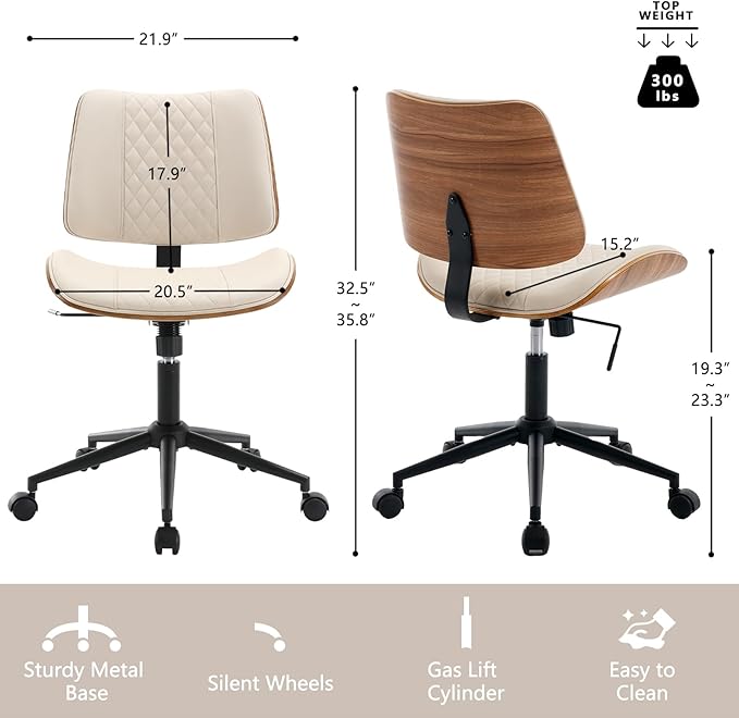 Home Office Chair No Arms with Wheels, Adjustable Height Small Desk Chair, PU Leather Mid Back 360 Swivel Computer Chair, Armless Modern Walnut Chair for Office, Reading Meeting Room(Beige)-DeskLoop Office