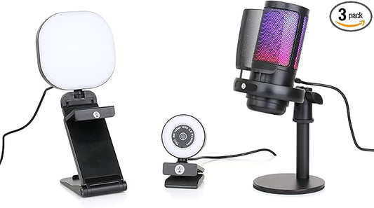 Live Streaming Kit- Perfect for Streaming Video Games on Twitch, YouTube, Podcasts and Working from Home. includes 1920x1080p Webcam, Professional USB Microphone, and One LED Multi-Color Light-DeskLoop Office