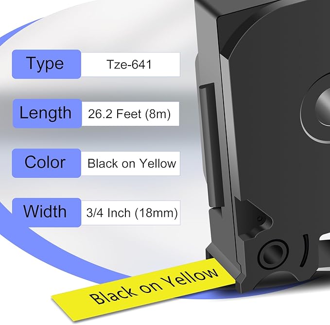 2 Pack Compatible for Ptouch TZe641 TZ641 Label Maker Tape 18mm 0.7 Inch Black on Yellow Laminated TZe-641 TZ-641 TZe TZ Label Tape for PT-D600 PT-D610BT PT-D600VP PT-P710BT PT-P750W
