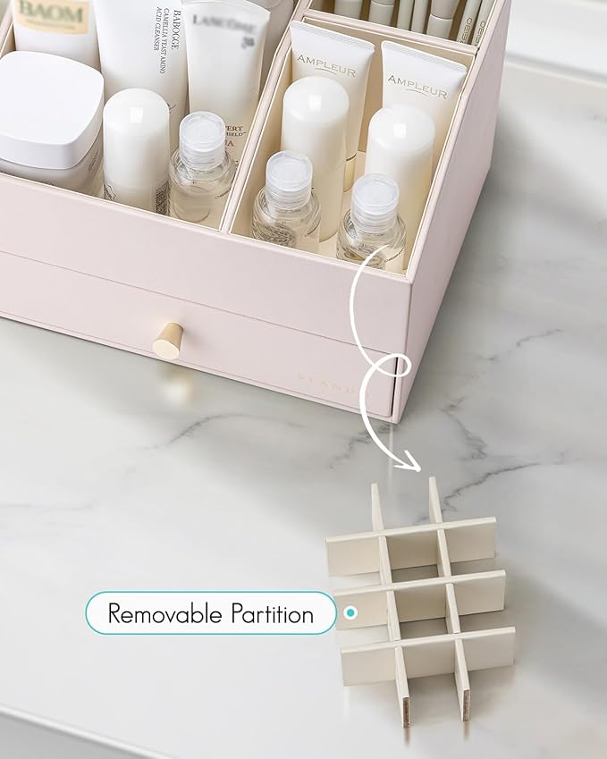 Vlando Makeup Organzier,Vanity Organizer with Drawers, PU Leather Skincare Organizer Perfume Organizer,Large Cosmetic Display Case for Lipstick,Brushes Gifts for Women-Apricot White-DeskLoop Office