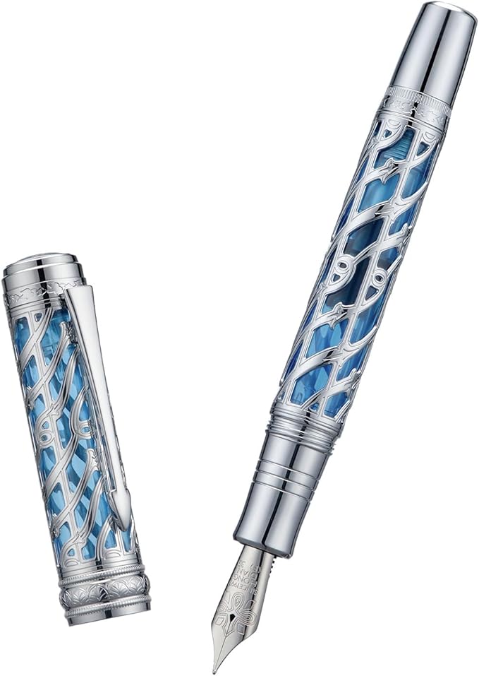 Hongdian A6 Piston Fountain Pen Fine Soft Nib, Silver Blue Hollow Skeleton & Resin Pen with Metal Case Set-DeskLoop Office