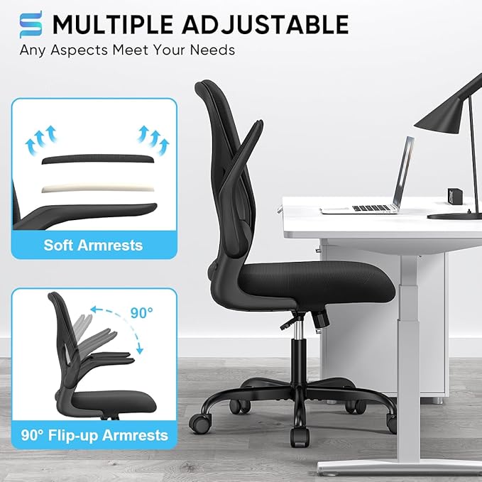 Sytas Ergonomic Desk Chair with Padded Flip up Arms and Supportive Lumbar Support, Breathable Mesh Home Office Chair with Comfortable Cushion for Home or Office(Black)-DeskLoop Office