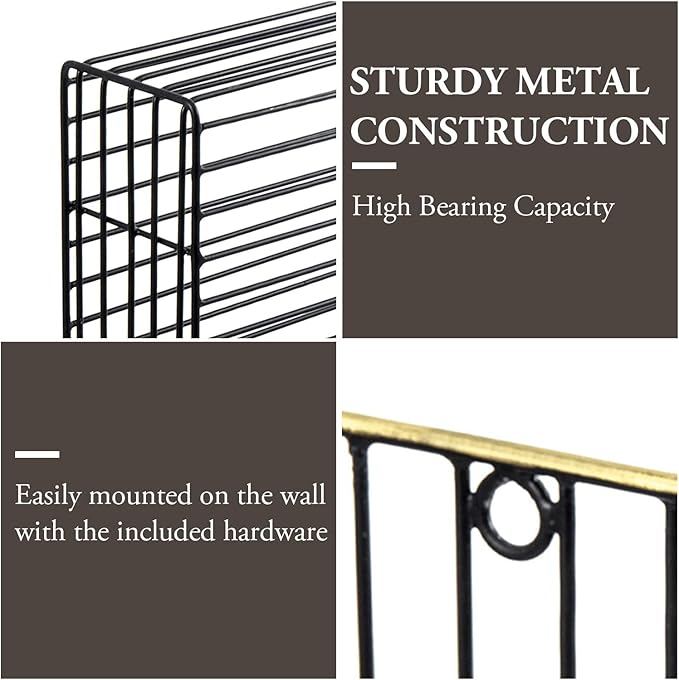 MyGift Art Deco Style Matte Black Metal Wire Magazine Rack with Brass Tone Rim - Wall Mounted Holder Storage Basket for Mail - Handcrafted in India-DeskLoop Office