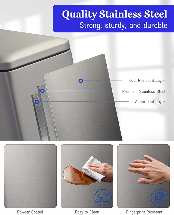 Bathroom Trash Can with Lid,5 Liter / 1.3 Gallon Small Trash Can with Removable Liner, Soft Close lid & Step Pedal, Stainless Steel Trash Bin for Bathroom,Bedroom,Home Office, Kohler Grey