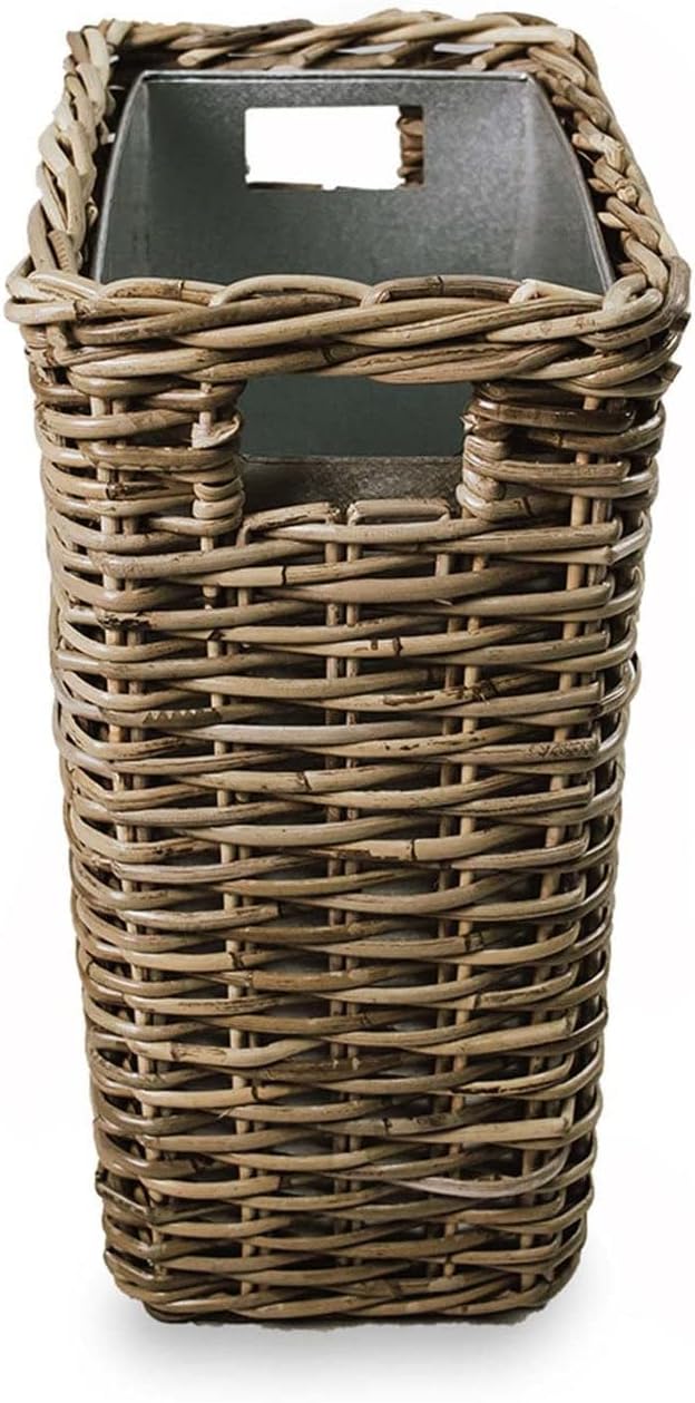 The Basket Lady Large Rectangular Kubu Wicker Waste Basket with Metal Liner, 14.5 in L x 9 in W x 18 in H, Serene Grey-DeskLoop Office