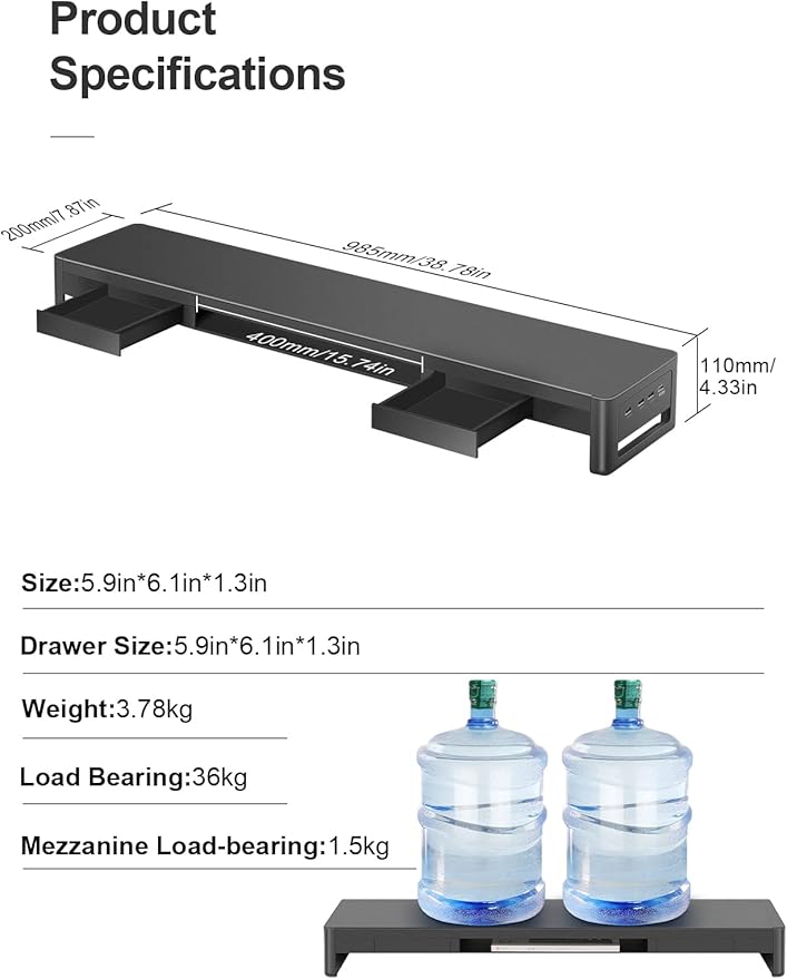 meatanty Dual Monitor Stand Riser with 2 Storage Drawers and 4 USB Ports, Metal Stand for 2 Monitors Supports Data Transfer and Charging, Desk Organizer for PC, iMac (38.7 inches)-DeskLoop Office