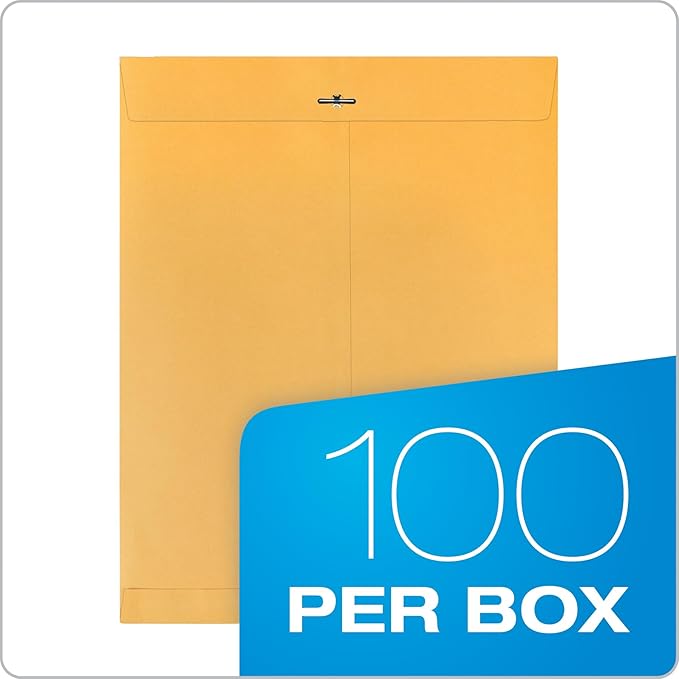 Quality Park 12 x 15-1/2 Clasp Envelopes, Clasp and Gummed Closures, for Oversized Papers, Drawings or Posters, 32 lb Kraft Paper, 100/Box (QUA37810)-DeskLoop Office
