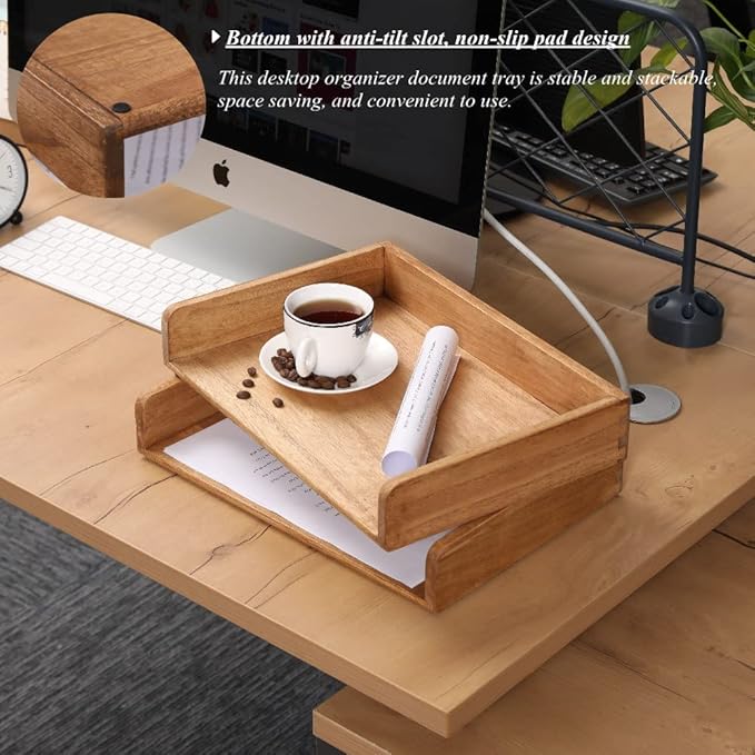 Wood Stackable Paper Trays for Office Supplies and Accessories - Desk Organizer Tray for Letter Document Magazine -Wooden Desktop File Folder Holder Shelf 2 Set Light(2CTP-LT)-DeskLoop Office