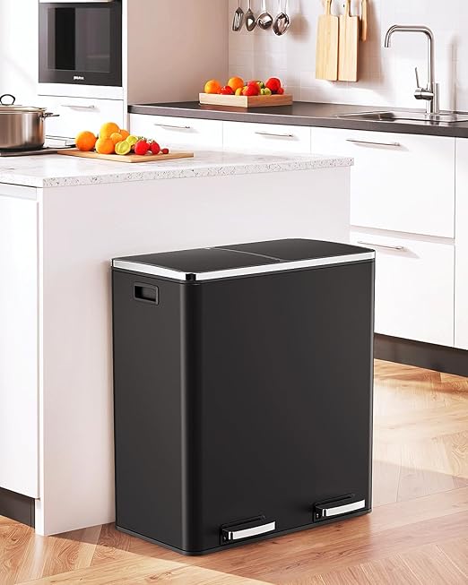 AthLike 60L(16 Gal) Dual Trash Can, Stainless Steel Kitchen Garbage Can, Double Compartment Classified Rubbish Bin, Recycle Dustbin w/Plastic Inner Buckets, Soft-Close Lid, Airtight, Black-DeskLoop Office