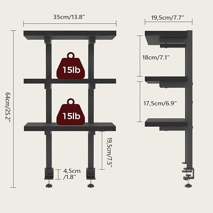 Clamp On Desk Organizer, 3-Tier Desktop Bookshelf, Adjustable Desk Storage Shelf, Metal Frame, for Office, Study and Game Room, Black DSBK3601-DeskLoop Office