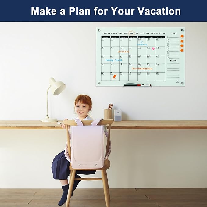 TSJ OFFICE Glass Calendar Whiteboard - 36 x 24 Inches Wall Mounted Monthly Dry Erase Calendar for Wall, Large Magnetic Glass White Board for Office, Home & School-DeskLoop Office