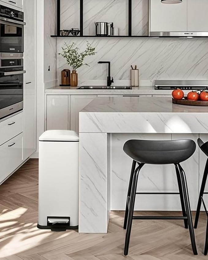 Kitchen Rubbish Bin, 45 Litre Waste Bin, Large Pedal Bin, Kitchen Rubbish Bin with Softclose Lid and Inner Bin, Slim Pedal Bin for Kitchen, Bathroom and Office, White-DeskLoop Office