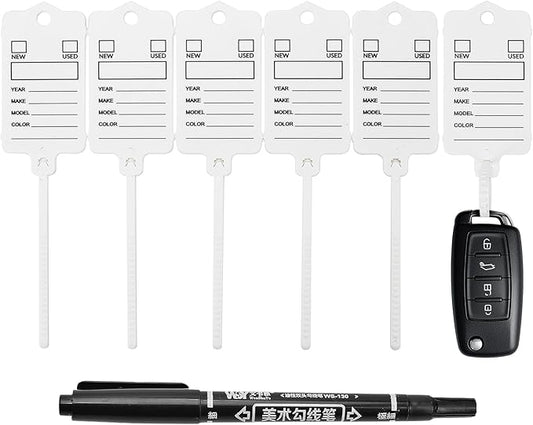 100 Car Key Tags with Labels Plastic Car Dealership Key Tags Self Locking Automotive Identifiers Blank Shop Labels with One Pen (White)-DeskLoop Office