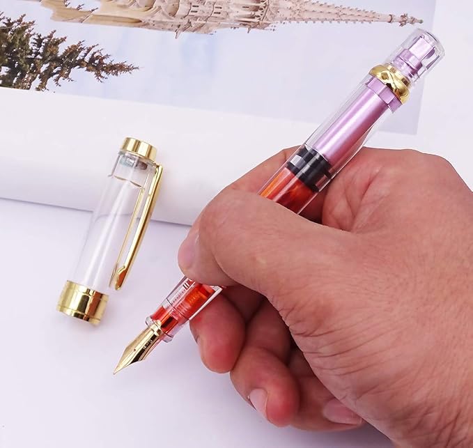 Lanxivi 4 Colors Yongsheng 3008A Fountain Pen Piston Filling Upgraded Fine Nib,Transparent Gold Trim-DeskLoop Office