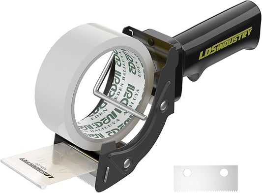 Rapid-Replace Tape Dispenser Gun with 2 Inch X 60 Yard Tape Roll (Transparent) and Extra Blade, Lightweight Ergonomic Heavy Handheld Duty Tape Cutter for Packaging and Box Sealing Black-DeskLoop Office