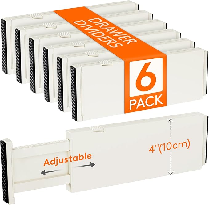 Lifewit 6 Pack Drawer Dividers 4" High, 11-17" Adjustable Drawer Organizers for Clothes, Expandable Dresser Separators in Bedroom/Bathroom/Kitchen/Fridge/Office Organization and Storage, Beige-DeskLoop Office