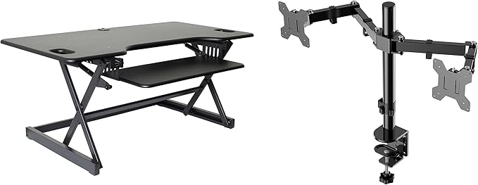Rocelco 46" Large Height Adjustable Standing Desk Converter with Double Monitor Mount Arm BUNDLE - Quick Sit Stand Up Computer Workstation Riser - Retractable Keyboard Tray - Black (R DADRB-46-DM2)-DeskLoop Office