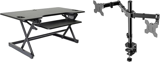 Rocelco 46" Large Height Adjustable Standing Desk Converter with Double Monitor Mount Arm BUNDLE - Quick Sit Stand Up Computer Workstation Riser - Retractable Keyboard Tray - Black (R DADRB-46-DM2)-DeskLoop Office