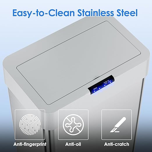 AthLike Sensor Trash Can, Touchless Motion Sensor Trash Bin, Smart Automatic Garbage Can with Soft-Close Lid, Bag Retainer Ring and Display Light,for Kitchen,Living Room Office (Silver, 18.5 Gal)-DeskLoop Office