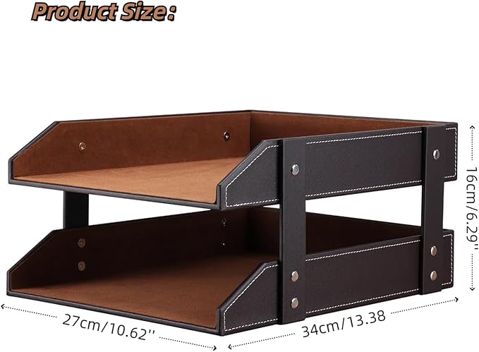 KINGFOM Letter Tray, Leather Paper Organizer Tray, Wooden Desk File Holder, Desktop File, Stackable Magazine Holder, Mail Sorter, Great for Home or Office - 2 Level Brown-DeskLoop Office