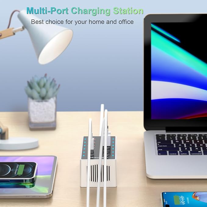USB C Charger 12-Ports Charging Station for Multiple Devices - Wall Power Hub Strip Smart Plug Dock Block 6A 6C for iPhone Xs/XR, iPad, iPod, Laptops and Smart Phones 60W-DeskLoop Office