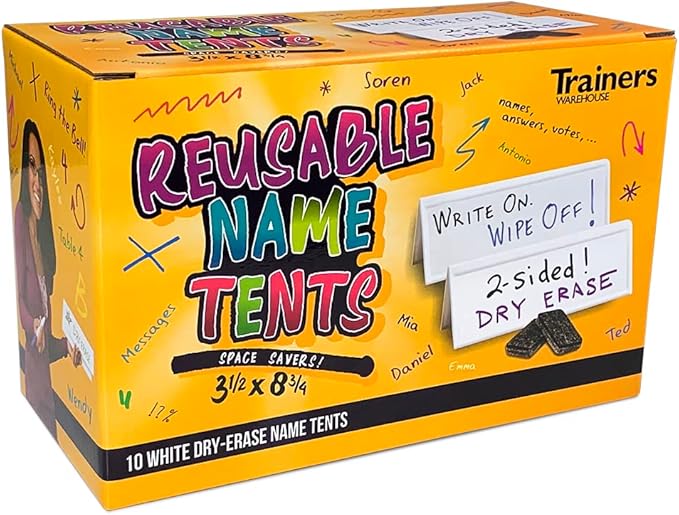 Trainers Warehouse Heavy Duty Premium Space-Saver Reusable Name Cards, White, Dry-Erase Tent, 8.75" x 3" (100)