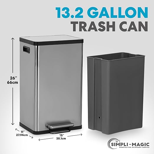SIMPLI-MAGIC 50 Liter / 13.2 Gallon Soft-Close, Smudge Resistant Trash Can with Foot Pedal and Built in Filter- Stainless Steel, Sleek Finish-DeskLoop Office