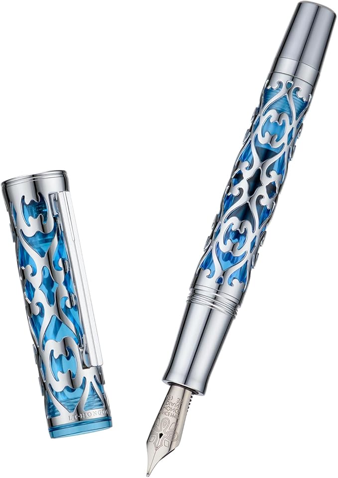 Hongdian D1 Piston Fountain Pen Fine Soft Nib, Silver Blue Hollow Skeleton & Resin Pen with Metal Case Set-DeskLoop Office