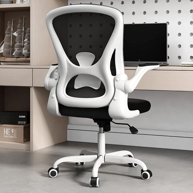 Sytas Ergonomic Desk Chair with Padded Flip up Arms and Supportive Lumbar Support, Breathable Mesh Home Office Chair with Comfortable Cushion for Home or Office(White)-DeskLoop Office