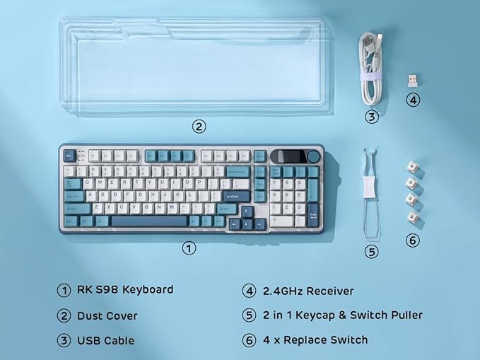RK ROYAL KLUDGE S98 Mechanical Keyboard w/Smart Display & Knob, Top Mount 96% Wireless Mechanical Keyboard BT/2.4G/USB-C, Hot Swappable, Software Support, Creamy Sounding, 98 Keys-DeskLoop Office