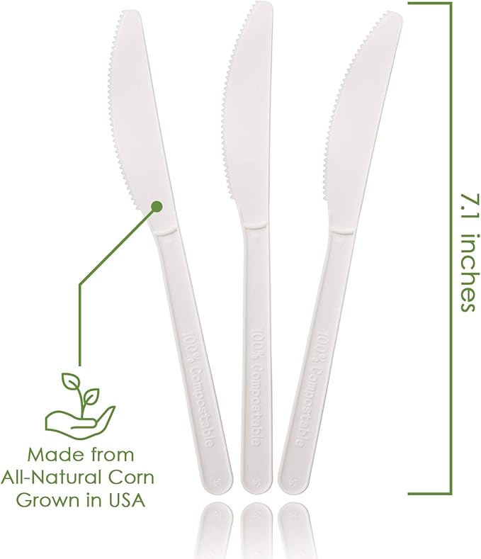 100% Compostable Knives - 140 Large Disposable Utensils (7 in.) Eco Friendly Durable and Heat Resistant Alternative to Plastic Knives with Convenient Tray