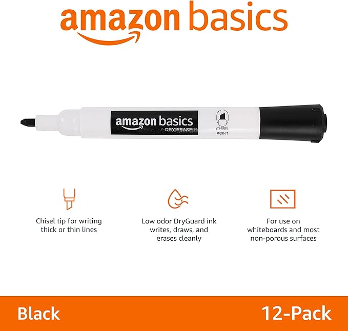 Amazon Basics 12-Pack Low-Odor Chisel Tip Dry Erase Whiteboard Markers, Black-DeskLoop Office