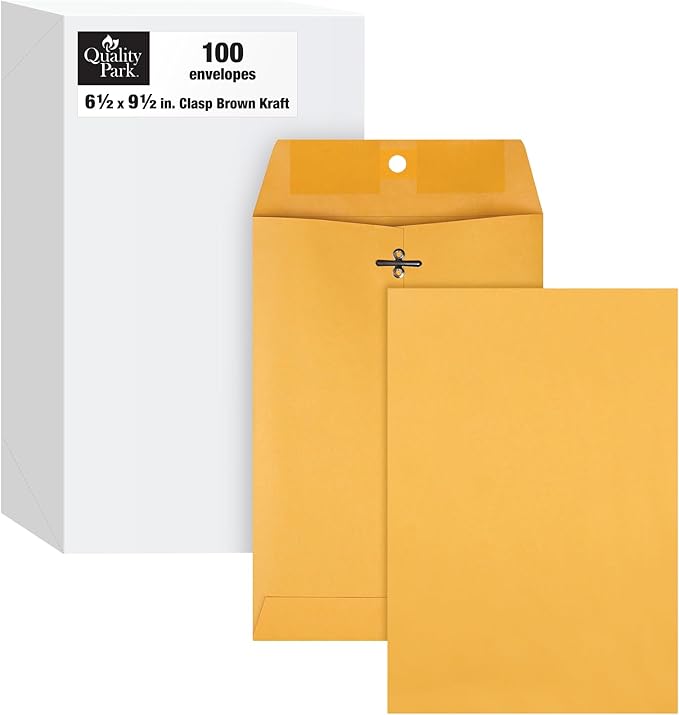 Quality Park 6-1/2 x 9-1/2 Clasp Envelopes, Clasp and Gummed Closures for Storing or Mailing, Heavy-Duty 32 lb Kraft Paper, 100 Per Box (QUA37763)-DeskLoop Office