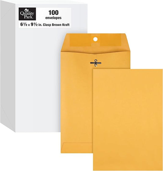 Quality Park 6-1/2 x 9-1/2 Clasp Envelopes, Clasp and Gummed Closures for Storing or Mailing, Heavy-Duty 32 lb Kraft Paper, 100 Per Box (QUA37763)-DeskLoop Office