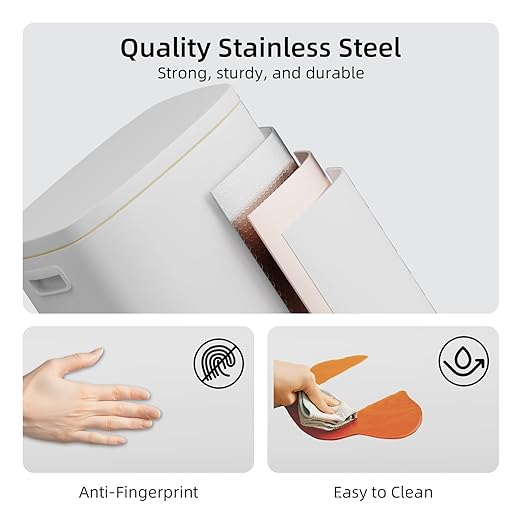 KUK 13 Gallon Kitchen Trash Can with Lid, 50L/13Gal Office Step Garbage Can for Home, Kitchen, Laundry Room, Office, Brushed Stainless Steel, White-DeskLoop Office