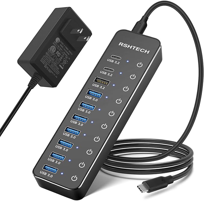 Powered USB Hub, RSHTECH 10-Port USB 3.2/USB C Hub 60W with 10Gbps USB-A 3.2, 2 USB-C 3.2, 7 USB 3.0 Ports, Individual Touch Switches and 3.3ft Cable, Hybrid USB Splitter for Laptop/PC, RSH-ST10C-DeskLoop Office
