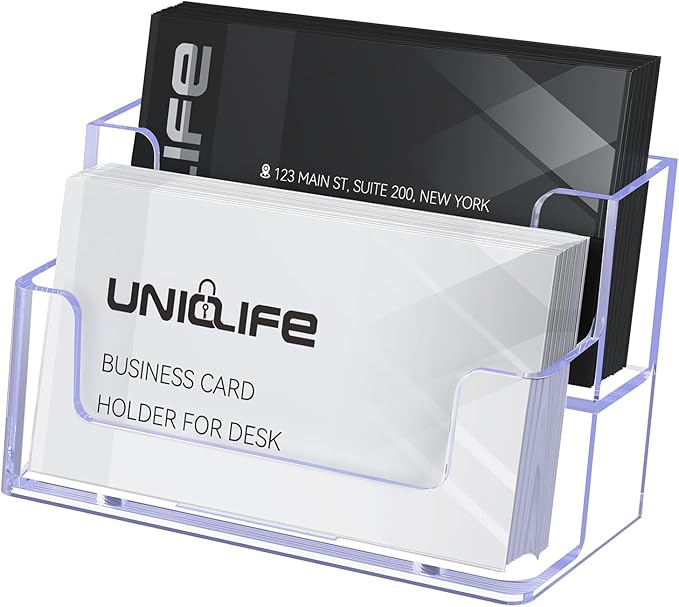 Uniclife Acrylic Business Card Holder for Desk 2 Slots Clear Business Card Display Stand for Men & Women Desktop Business Card Organizer Card Stand for Office Home Exhibition, 120 Card Capacity-DeskLoop Office