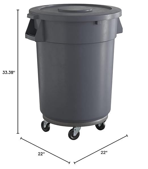32 Gallon Gray Round Commercial Trash Can with Lid and Dolly-DeskLoop Office