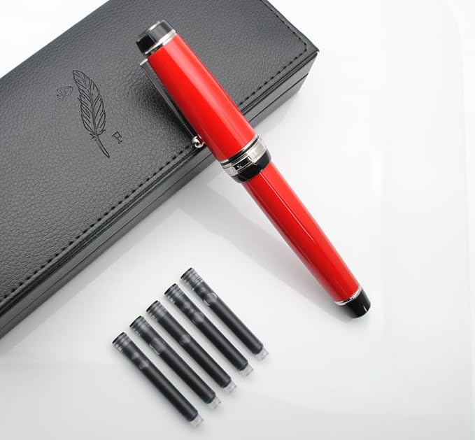 Metal Big Fountain Pen Set Medium Nib 0.7mm, Includes Ink Refill Converter, 5 Ink Cartridges & Gift Box (Medium Nib 0.7mm, Red with Silvery Clip)-DeskLoop Office