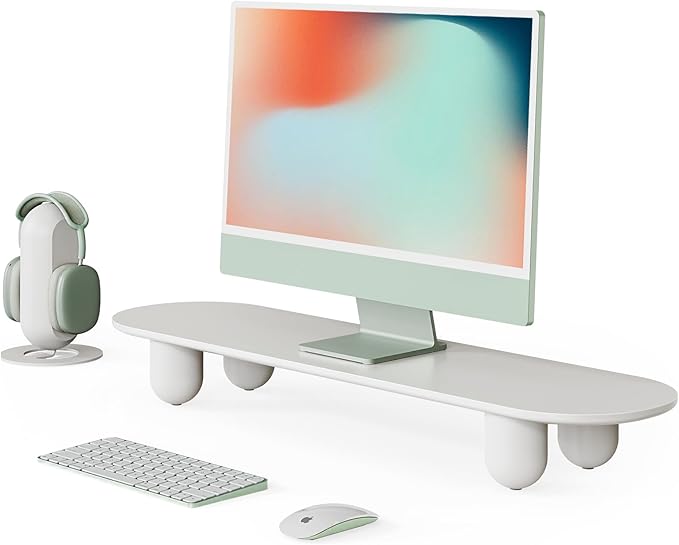 Fenge Monitor Stand Riser, 34 Inch Dual Monitor Riser for Large Monitors, Desk Organizer with Wooden Shelf & Solid Wood Legs, Computer Stand for Laptop, TV, PC, Printer, White-DeskLoop Office