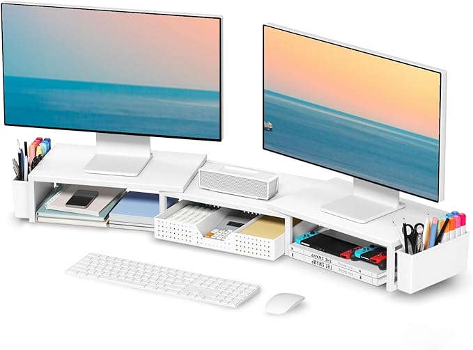 White Dual Monitor Stand Riser, Metal Desk Organizers and Accessories with Drawer and 2 Pen Holders, Computer Monitor Stand for Desk-DeskLoop Office