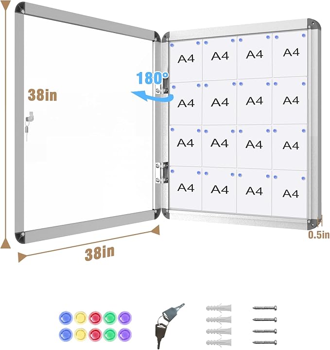 38"x38" Enclosed Bulletin Board, Lockable Weather-Resistant Aluminum Noticeboard for School & Office, Silver Frame w/Magentic Whiteboard-DeskLoop Office