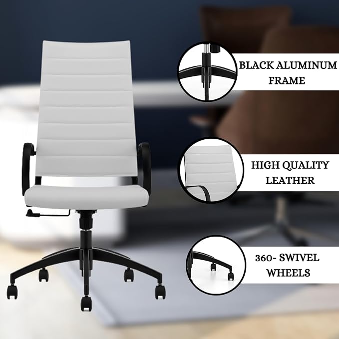 Ribbed High Back Conference Room Chairs - Lumbar Support, Modern Executive Home Office Chair - White Leather Seat & Black Aluminum Frame-DeskLoop Office