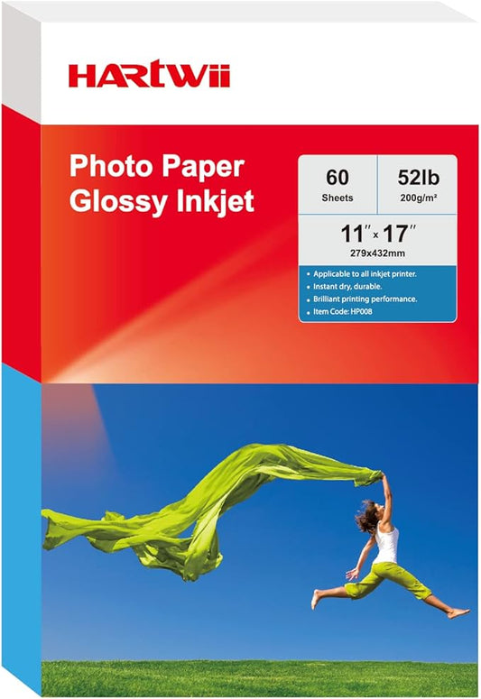 60 Sheets Inkjet Glossy Photo Paper 11 x 17 inch 52lb 200gsm A3 Size for Decoration, Poster Arts for Dye Ink Printers Only-DeskLoop Office