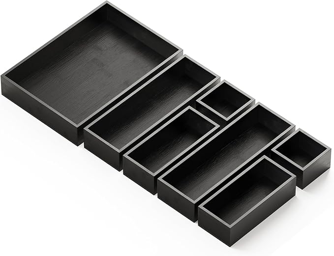 SpaceAid 7-Piece Bamboo Drawer Organizer Storage Boxes Set, Wood Tray Junk Drawer Organizers Multi-Use Divider Bins for Kitchen, Bathroom, Office Desk and Makeup Organization (7 Pack, Black)-DeskLoop Office